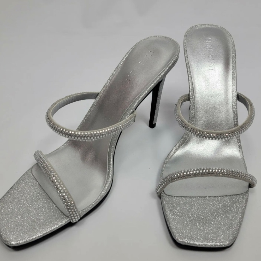 NINEWEST Womens Square-Toe Double Strap Crystal Stiletto Mules Sexy Shoes Sz 10M